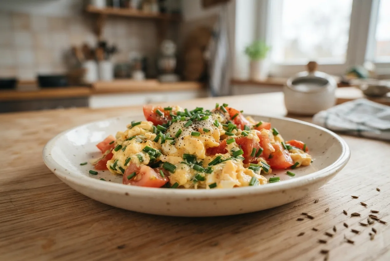 Ruehrei mit Tomaten und Schnittlauch (Scrambled Eggs with Tomato and Chives)